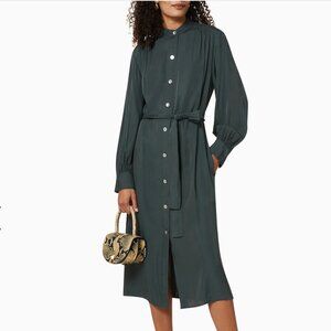 Vince Green Belted Shirred Buttoned Silk Twill Dress Long Sleeve Size XS